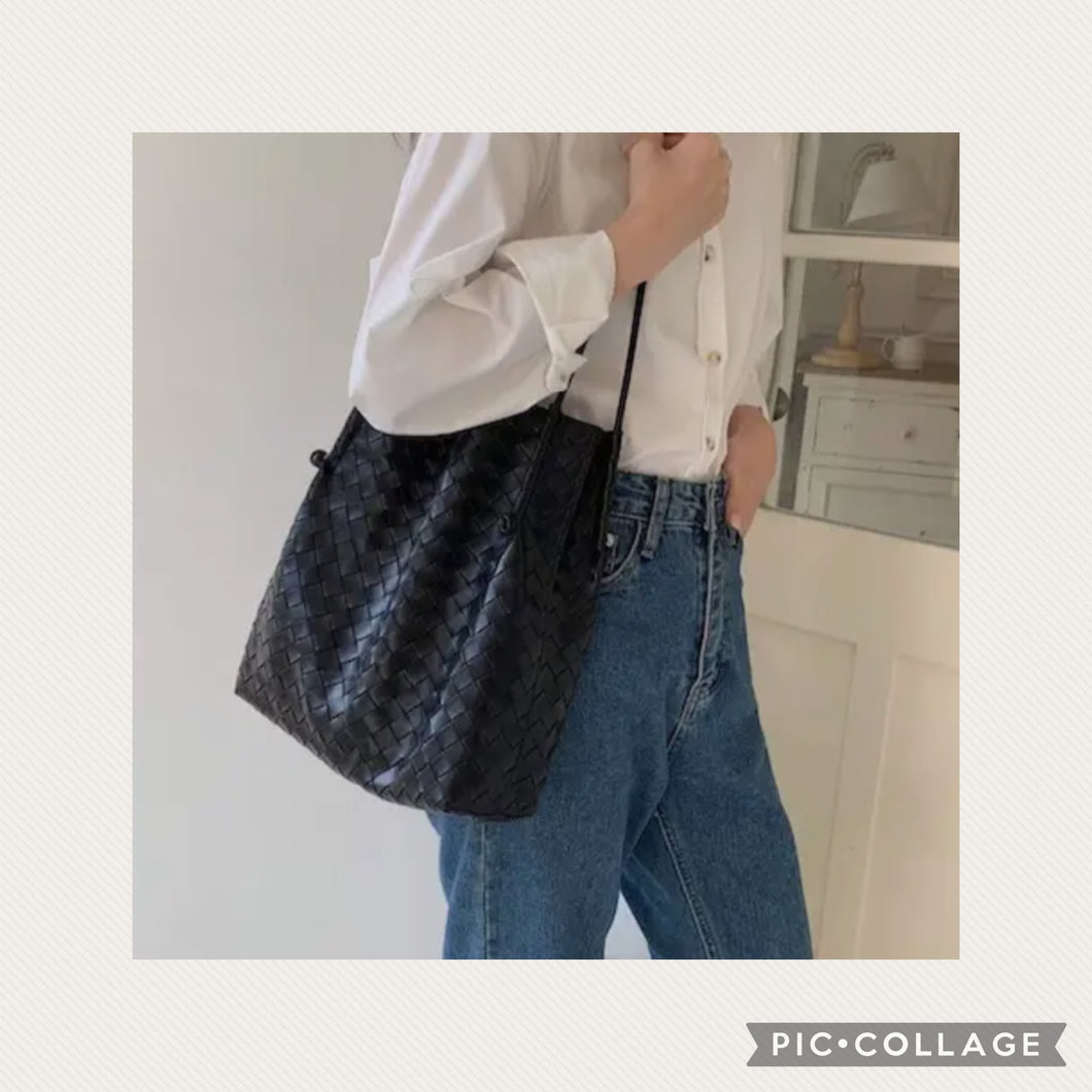 Woven black shoulder bag